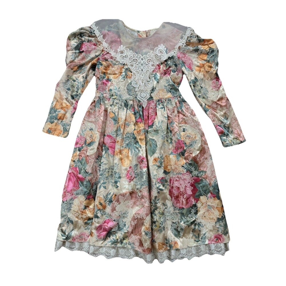 VTG 80 Jinelle Party Dress Girls Sz 12 Lace Collar Puff Sleeves Sash USA GRUNGE